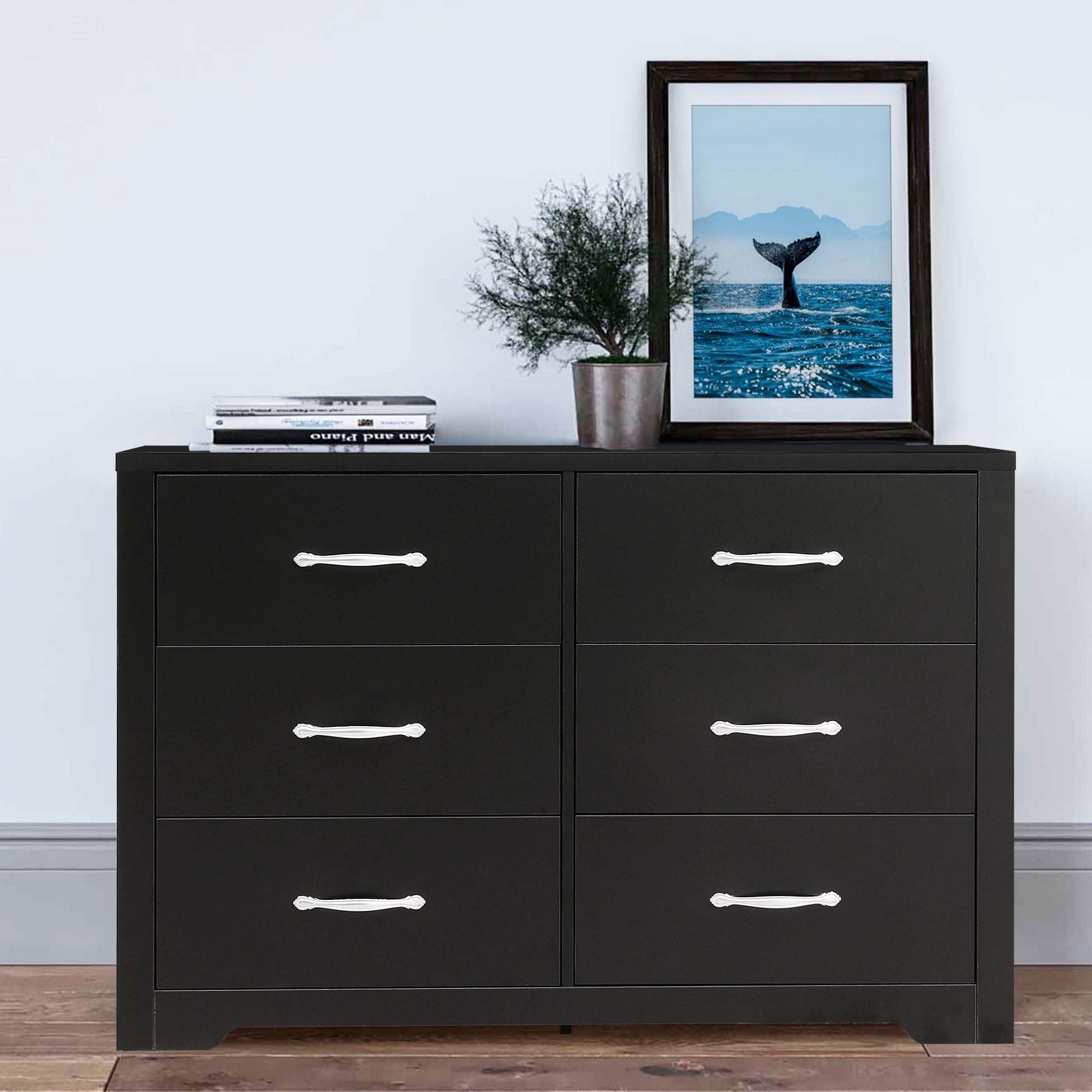 SUGIFT 6 Drawers Dresser for Bedroom, Wood Chest of Drawers, Black Finish