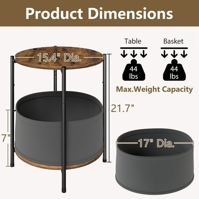SUGIFT Set of 2 Round Side Tables with Removable Fabric Basket, Modern Industrial End Table for Living Room, Bedroom, or Office