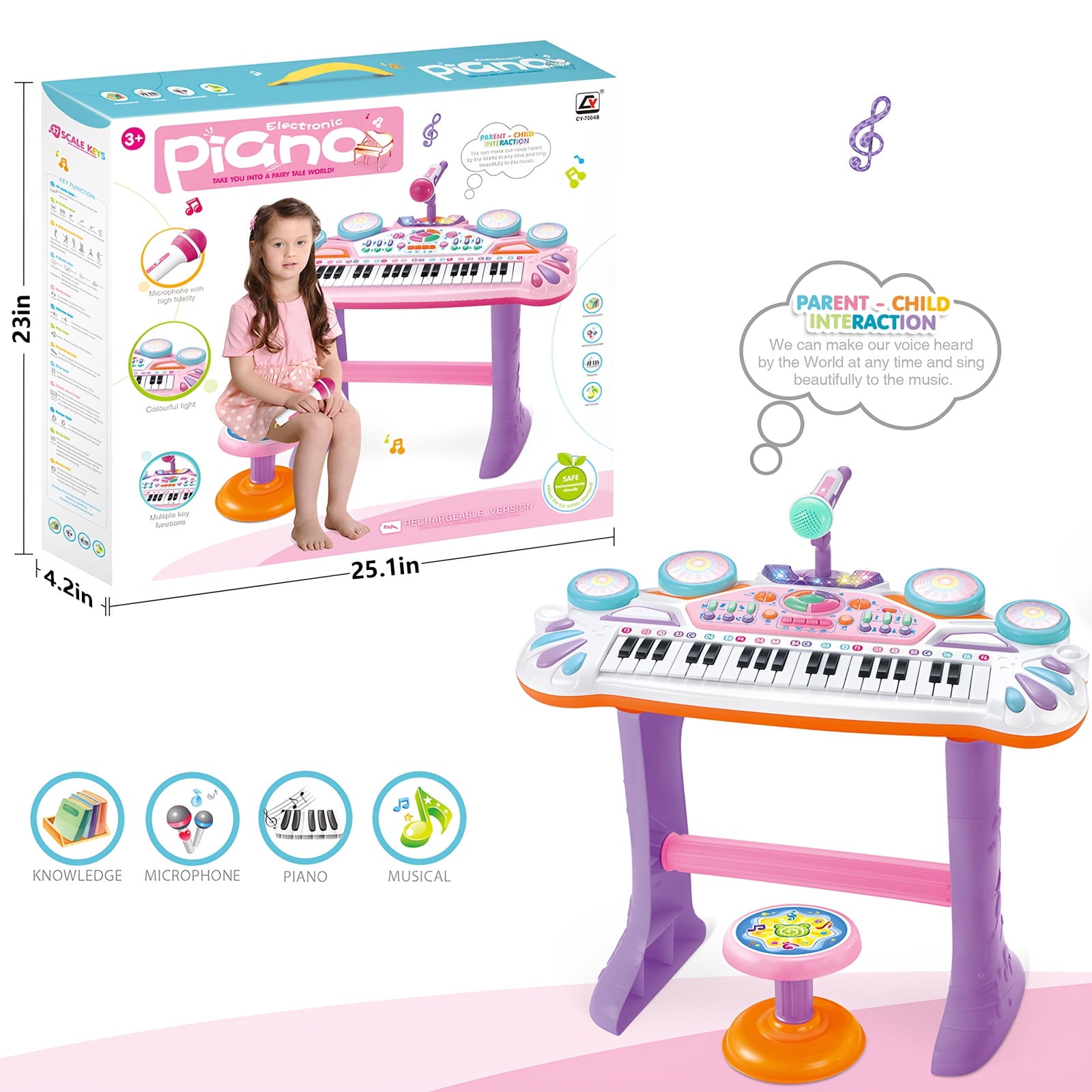 SUGIFT 37-Key Kids Electronic Piano Keyboard w/ Multiple Sounds, Lights Microphone, Stool - Pink