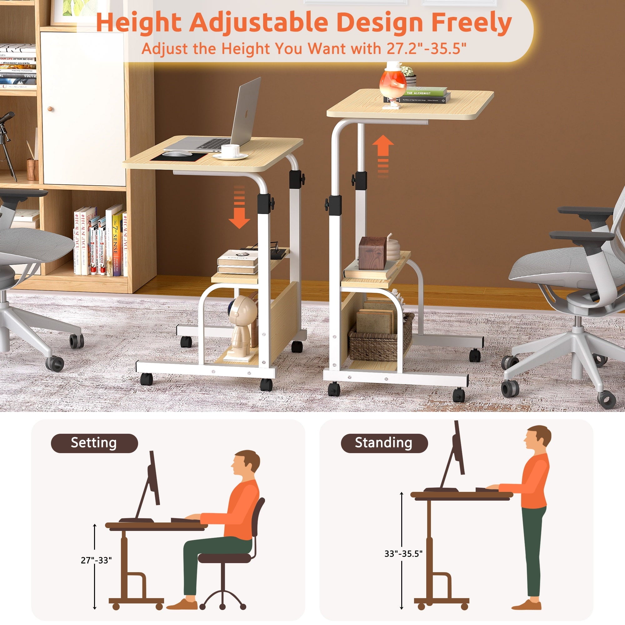Harigal Adjustable Desk Height Mobile Computer Desk-Laptop Table for Home Office Furniture