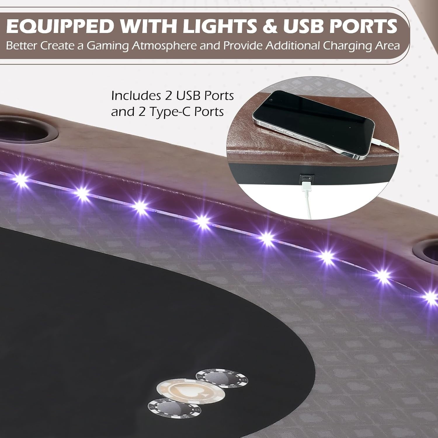 LED Poker Table 10 Player Foldable Texas Holdem Table w/Inlaid LED Light 2 USB 2 Type-c Ports Portable Blackjac for Texas Card Game w/Cup Holders and Padded Rails Brown 84 inch