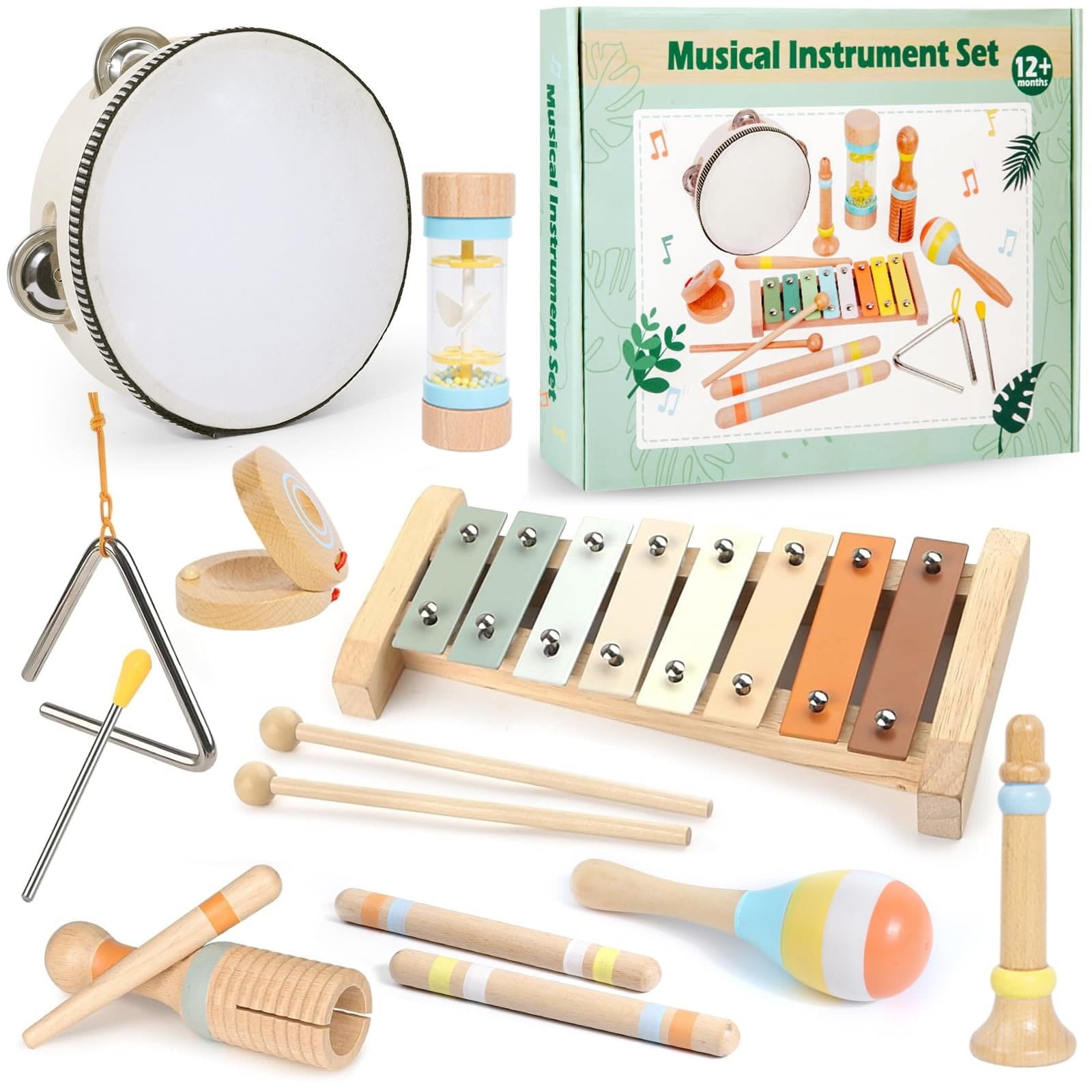 SUGIFT 9pcs Toddlers Musical Instruments, Montessori Wooden Musical Toys, Kids Percussion Instruments