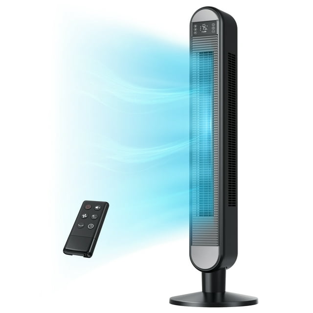 SUGIFT Tower Fan for Bedroom, 42 Inch Bladeless Fan, 90¡ã Oscillating Fan, Quiet Floor Fan with Remote, LED Display, 6 Speeds 4 Modes, 12H Timer, Standing Fans for Home Living Room Office