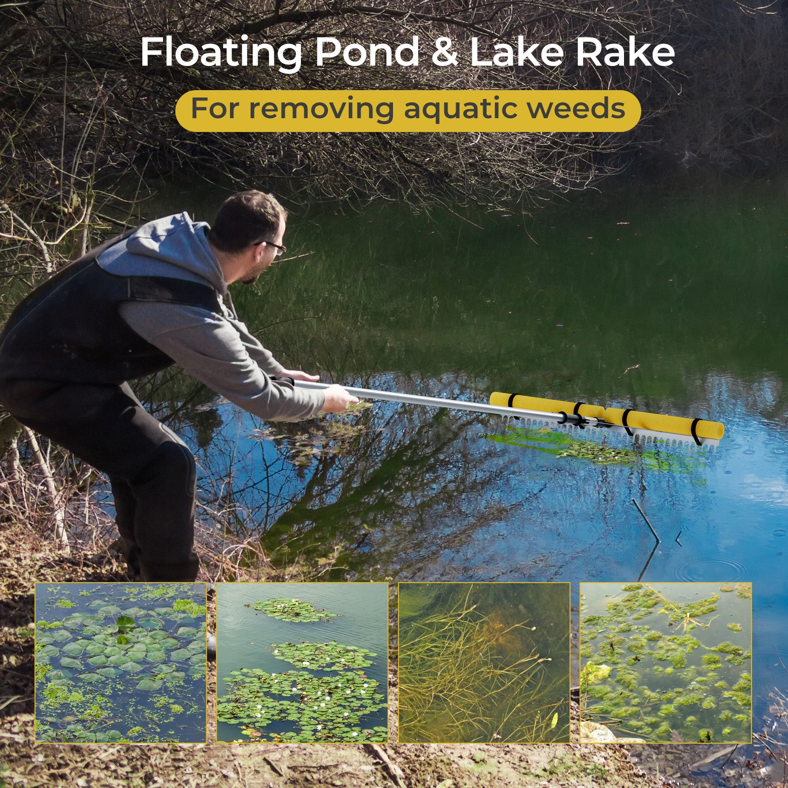 Floating Weed Lake Rake 36in Aquatic Pond Weed Cutter with Foam Floats
