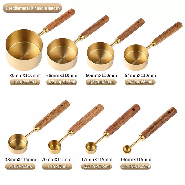 SUGIFT 8 Piece Gold Measuring Cups and Spoons Set, Premium Stainless Steel Measuring Cups with Wood Handles