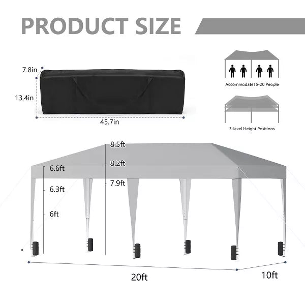 SUGIFT 10ft x 20ft Pop Up Canopy Tent, Outdoor Instant Gazebo Sun Shade Shelter with Carry Bag, for Catering, Events, Wedding, Backyard BBQ,? White