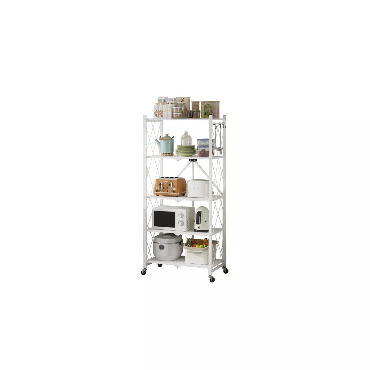 SUGIFT Storage Shelves, 5-Tier Foldable Metal Garage Shelf with Wheels, Kitchen Shelf with 3 Hooks, White