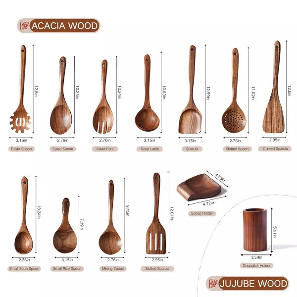 SUGIFT 13pc Wooden Cooking Utensil Set with Storage Container, Spoon Rest and Hooks