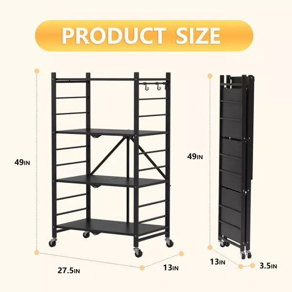 SUGIFT 4 Tier Foldable Storage Shelves, Metal Shelving Units, Storage Rack for Garage, Kitchen, Basement, Pantry, Black