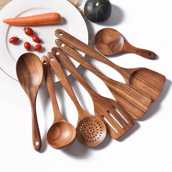 SUGIFT 13pc Wooden Cooking Utensil Set with Storage Container, Spoon Rest and Hooks