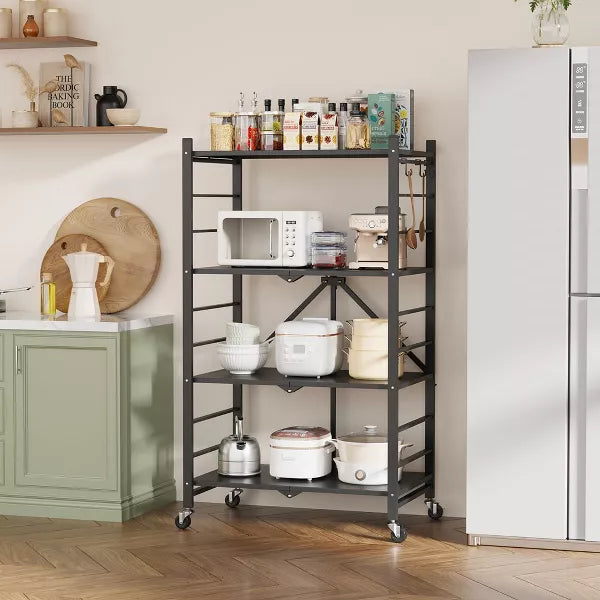 SUGIFT 4 Tier Foldable Storage Shelves, Metal Shelving Units, Storage Rack for Garage, Kitchen, Basement, Pantry, Black