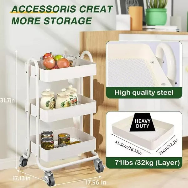 SUGIFT 3 Tier Metal Utiltiy Cart Arctic White, Easy Rolling, Powder Coating, Metal Structure