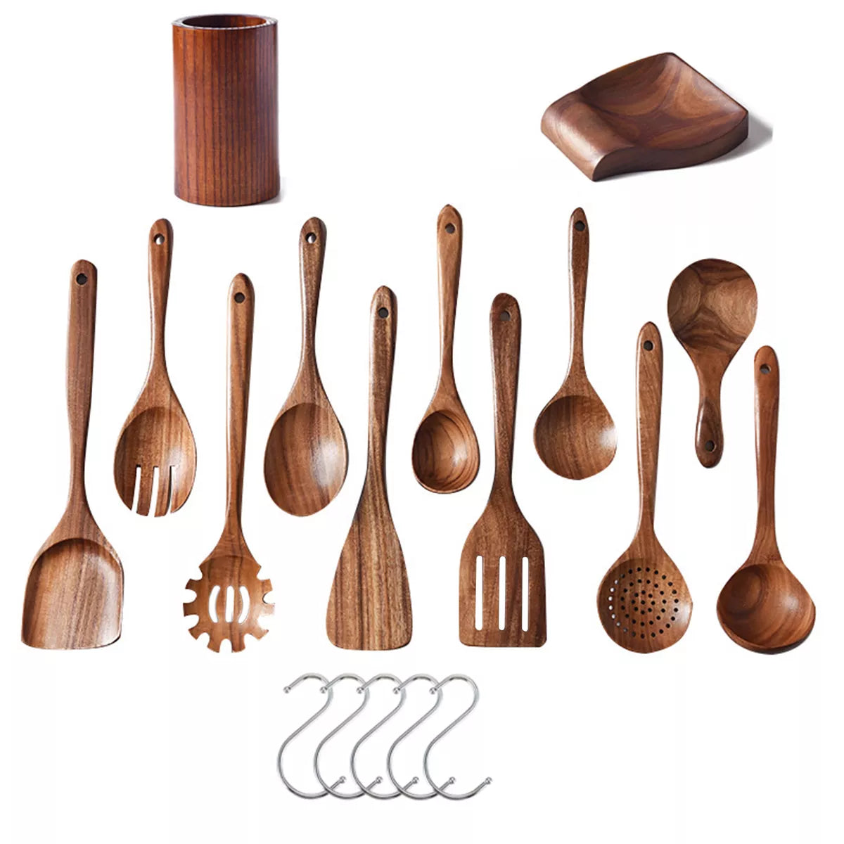 SUGIFT 13pc Wooden Cooking Utensil Set with Storage Container, Spoon Rest and Hooks