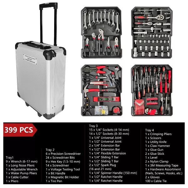 SUGIFT 399-Piece Home Repair Tool Set, Non Powered Hand Tool Set with Carrying Case and Wheels