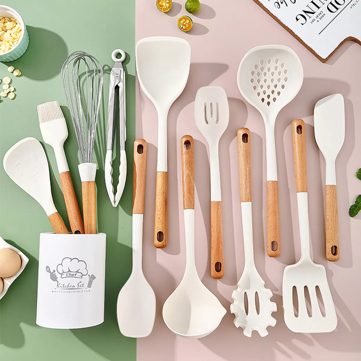 SUGIFT 13pc Silicone Kitchen Utensils Set with Wooden Handles with Storage Busket