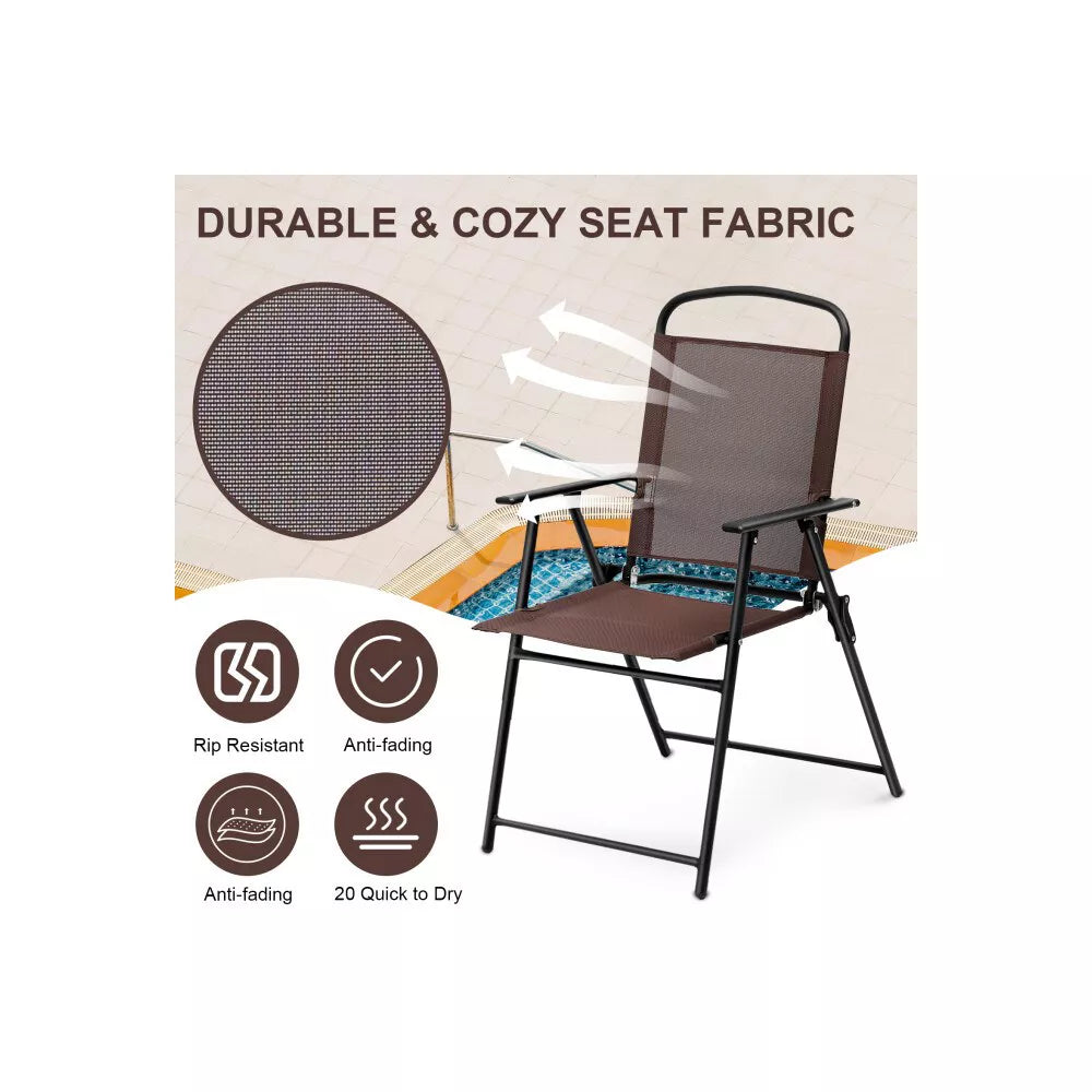 SUGIFT 2pcs Patio Folding Sling Back Chair with Armrests, Portable Metal Outdoor Chairs for Indoor Outdoor Garden Poolside Yard, Brown