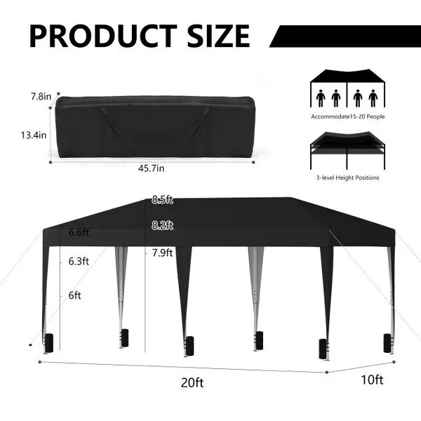 SUGIFT 10ft x 20ft Pop Up Canopy Tent, Outdoor Instant Gazebo Sun Shade Shelter with Carry Bag, for Catering, Events, Wedding, Backyard BBQ,? Black