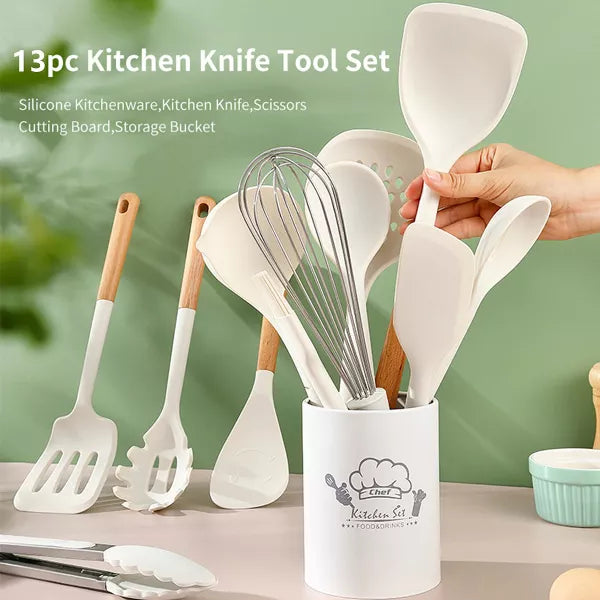 SUGIFT 13pc Silicone Kitchen Utensils Set with Wooden Handles with Storage Busket
