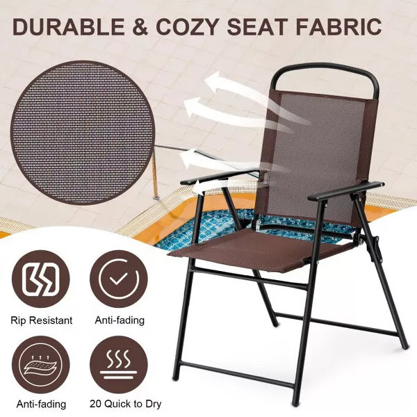 SUGIFT 2pcs Patio Folding Sling Back Chair with Armrests, Portable Metal Outdoor Chairs for Indoor Outdoor Garden Poolside Yard, Brown