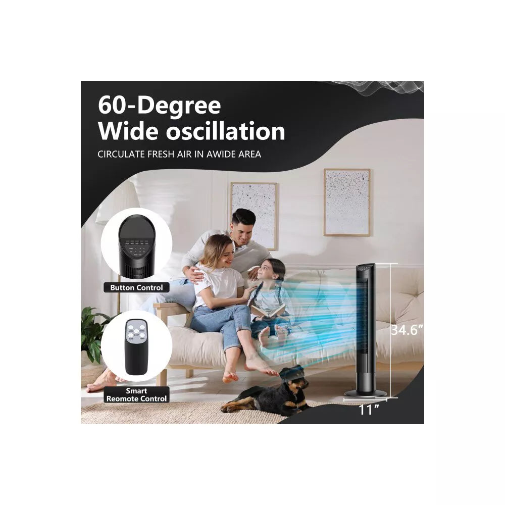 SUGIFT 35in Tower Fan for Bedroom, Oscillating Fans for Indoors with 3 Speeds, 3 Modes, 7.5H Timer, Bladeless Fan, Standing Floor Fans, Black