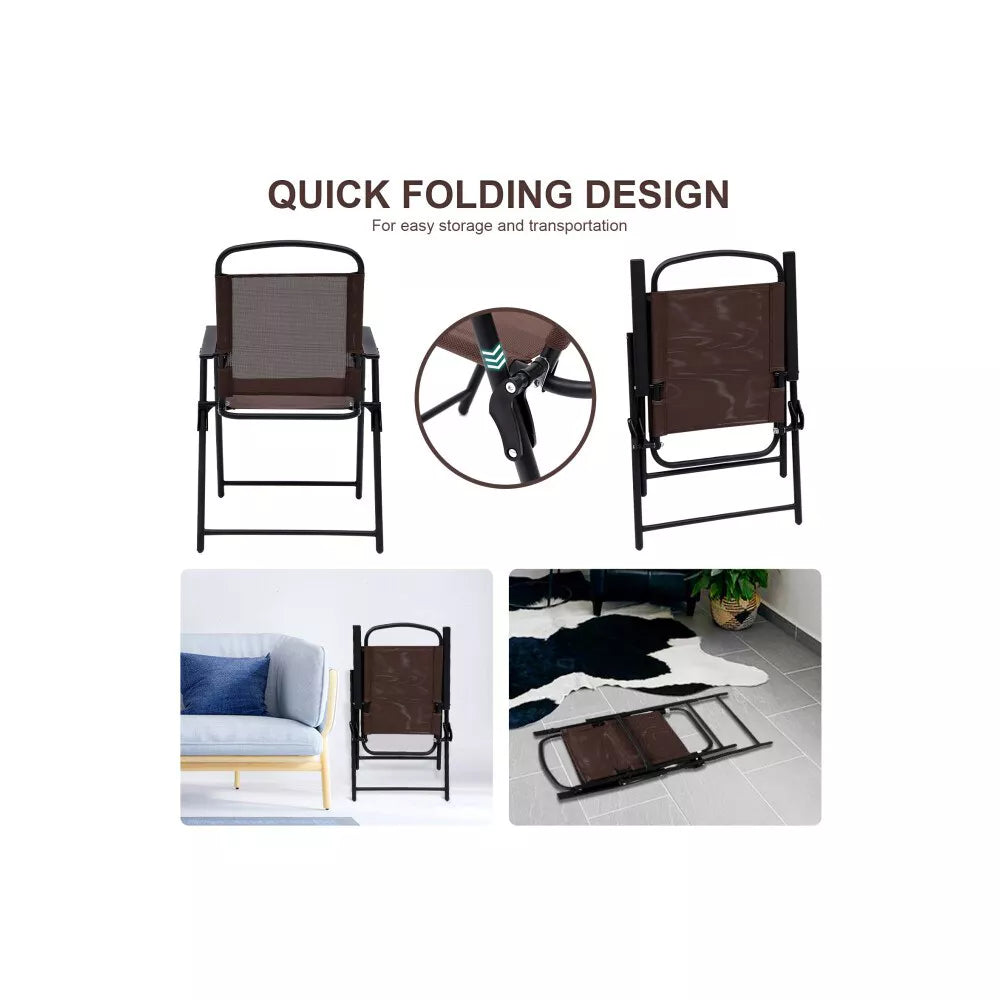 SUGIFT 2pcs Patio Folding Sling Back Chair with Armrests, Portable Metal Outdoor Chairs for Indoor Outdoor Garden Poolside Yard, Brown