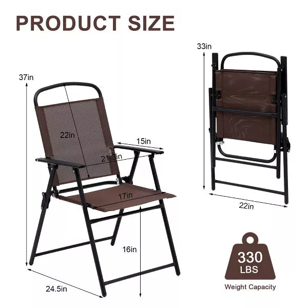 SUGIFT 2pcs Patio Folding Sling Back Chair with Armrests, Portable Metal Outdoor Chairs for Indoor Outdoor Garden Poolside Yard, Brown
