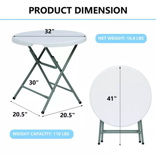 SUGIFT 32in Round Folding Table Portable Indoor Outdoor Plastic Dining Table,? White