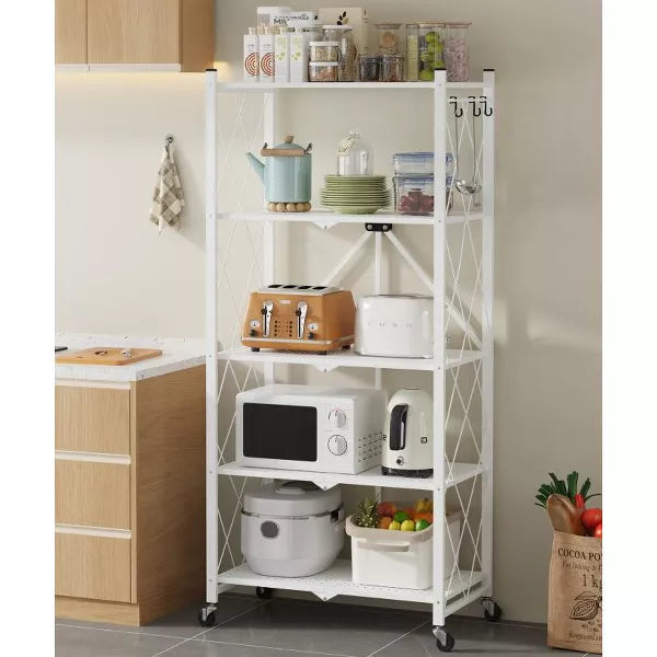 SUGIFT Storage Shelves, 5-Tier Foldable Metal Garage Shelf with Wheels, Kitchen Shelf with 3 Hooks, White