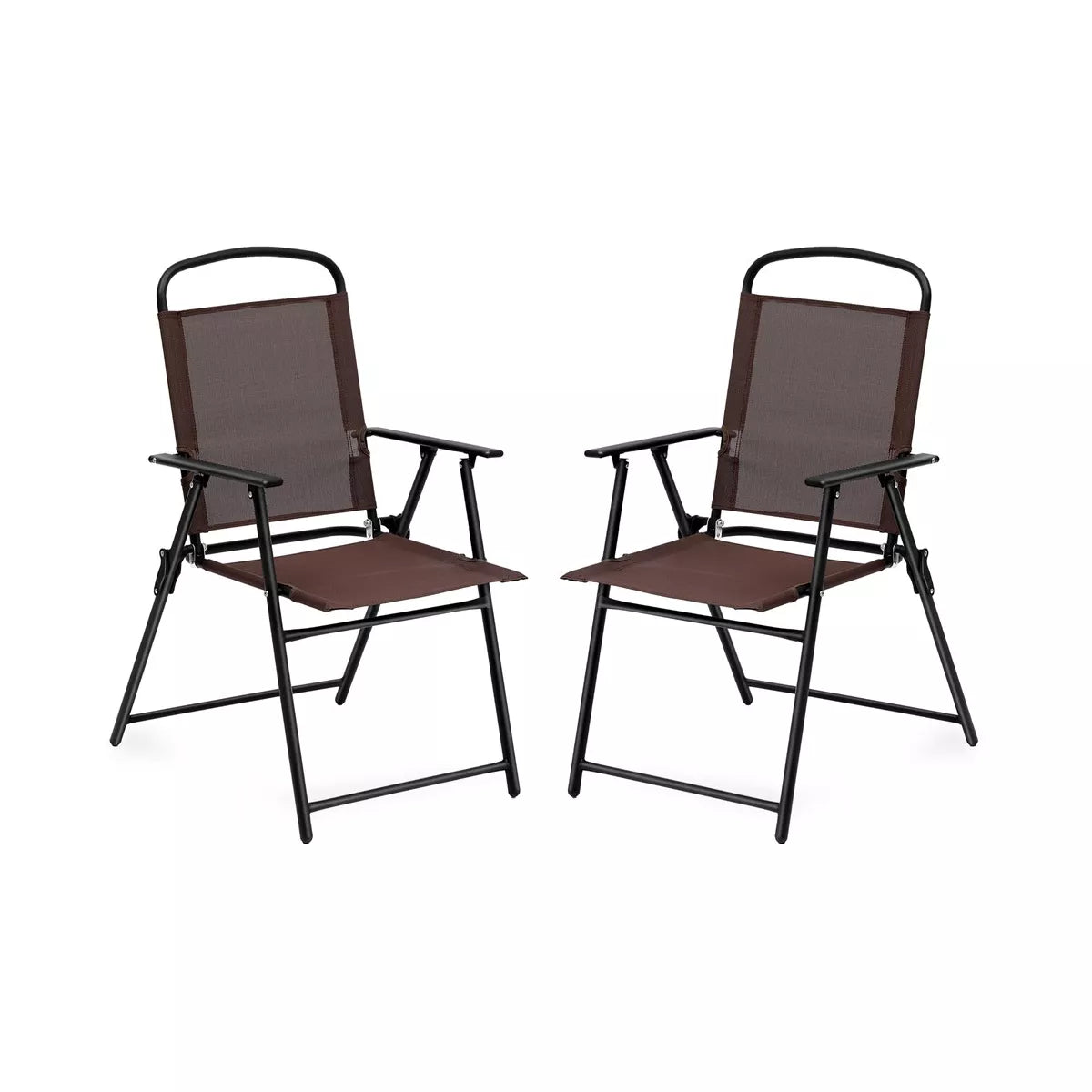 SUGIFT 2pcs Patio Folding Sling Back Chair with Armrests, Portable Metal Outdoor Chairs for Indoor Outdoor Garden Poolside Yard, Brown