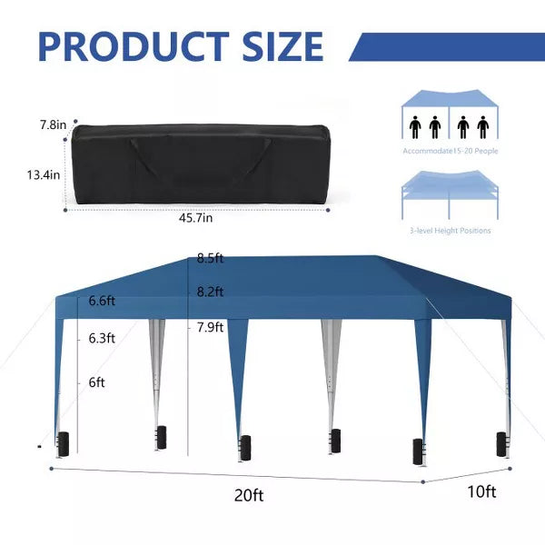 SUGIFT 10ft x 20ft Pop Up Canopy Tent, Outdoor Instant Gazebo Sun Shade Shelter with Carry Bag, for Catering, Events, Wedding, Backyard BBQ,? Blue