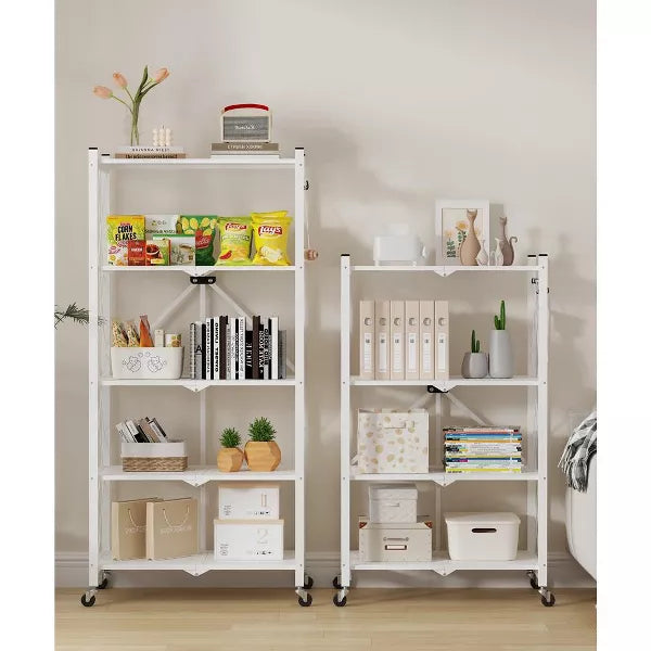 SUGIFT Storage Shelves, 5-Tier Foldable Metal Garage Shelf with Wheels, Kitchen Shelf with 3 Hooks, White
