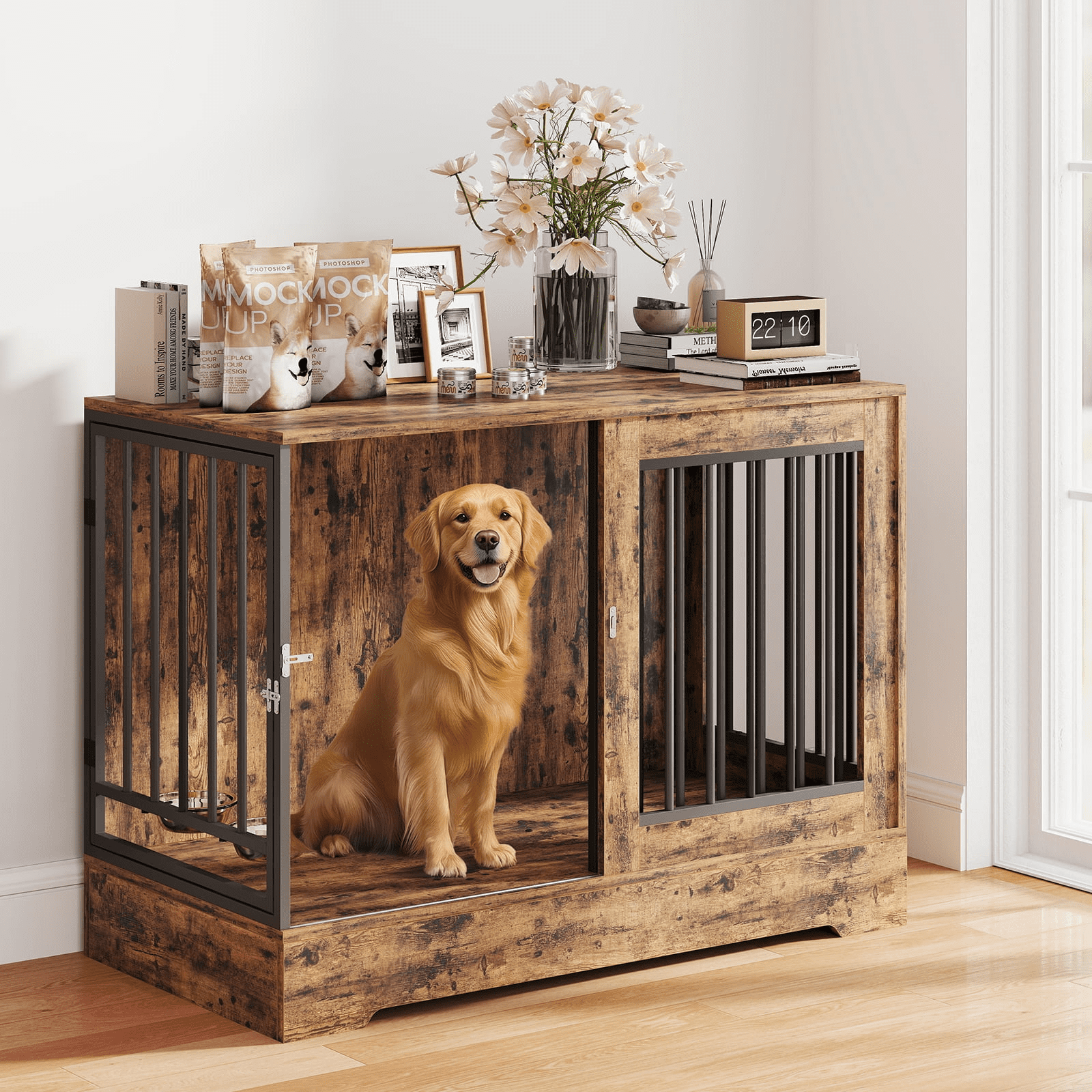 SUGIFT 47in Wooden Dog Crate Furniture with Double Doors, Rustic Brown Indoor Dog Kennel End Table for Large Dogs