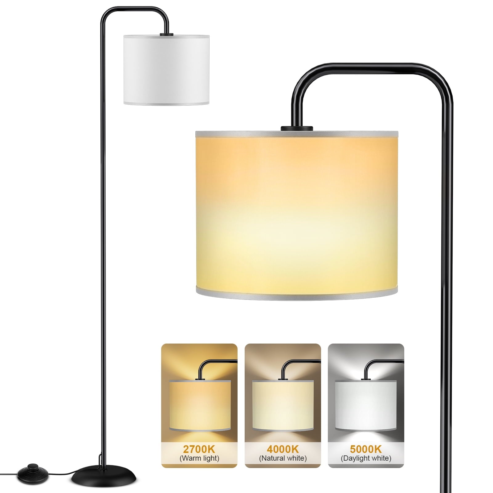 Harigal Floor Lamp for Living Room with 3 Color Temperatures Tall Standing Lamp with Linen Shade Footswitch (12W LED Bulb Included) Black