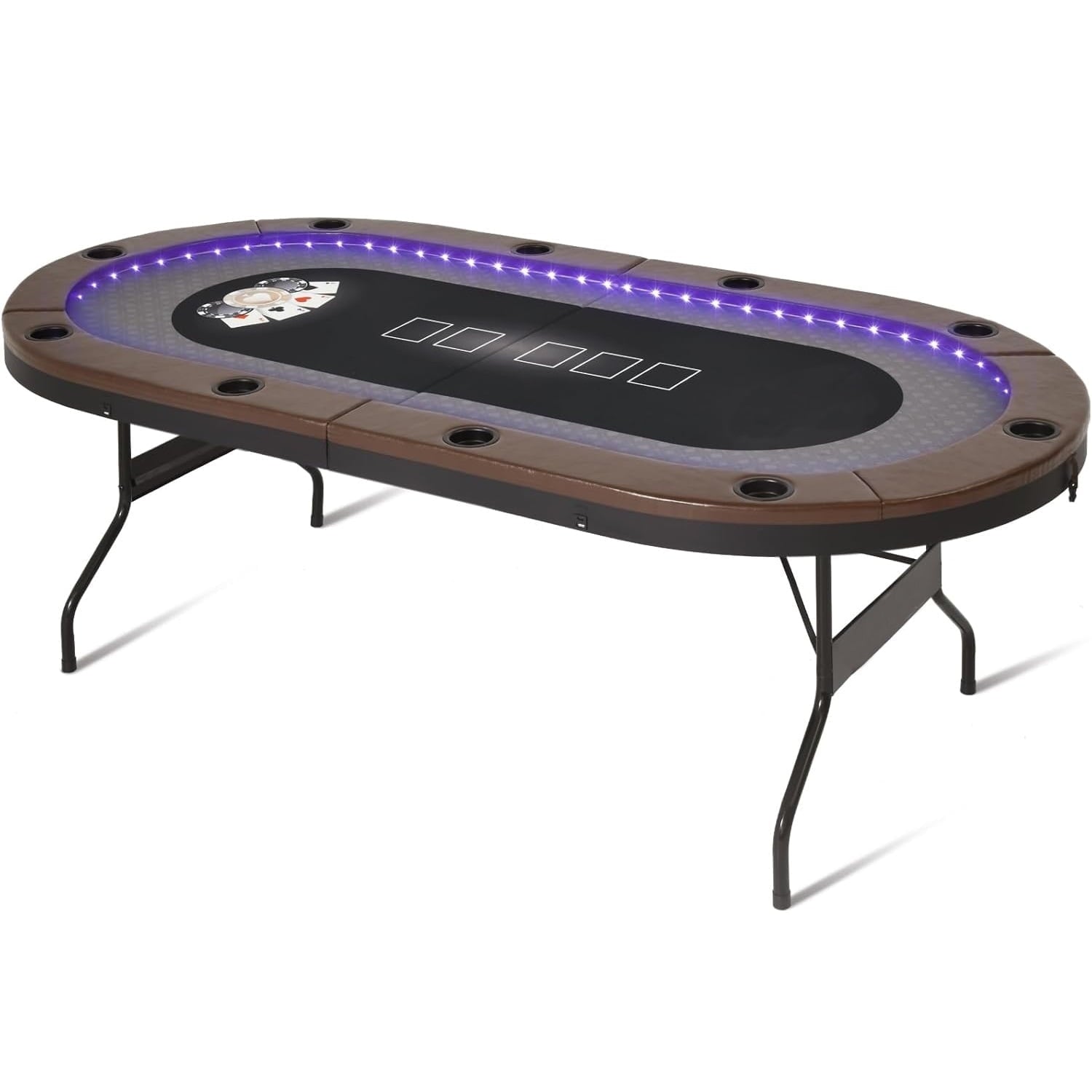 LED Poker Table 10 Player Foldable Texas Holdem Table w/Inlaid LED Light 2 USB 2 Type-c Ports Portable Blackjac for Texas Card Game w/Cup Holders and Padded Rails Brown 84 inch