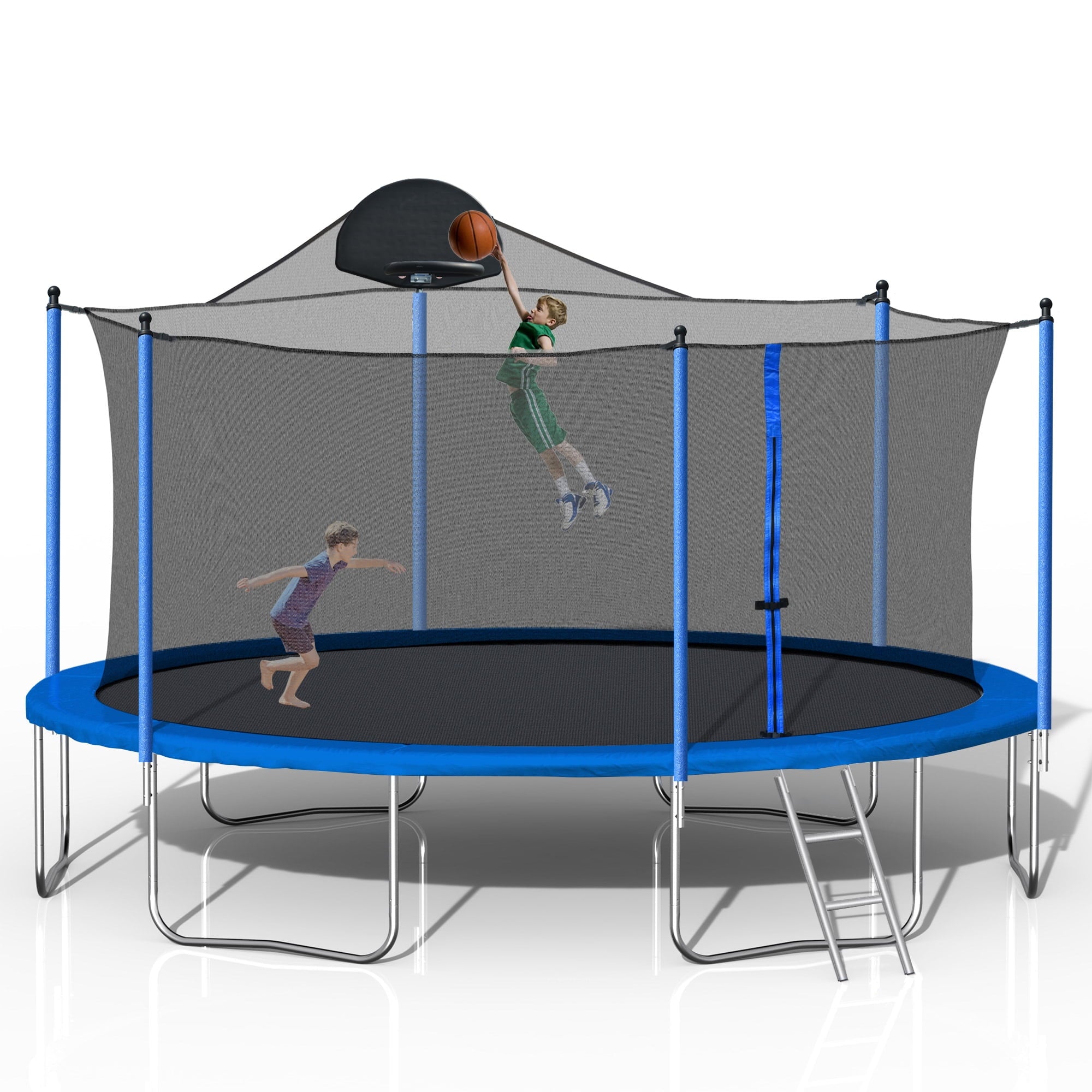 SUGIFT 10FT Blue Trampoline with Basketball Hoop, Stainless Steel Outdoor Trampolines