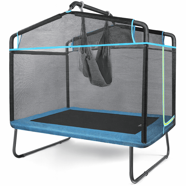 SUGIFT 3-in-1 Kids Trampoline with Swing Horizontal Bar, Indoor/Outdoor, Ages 3¨C8, Blue