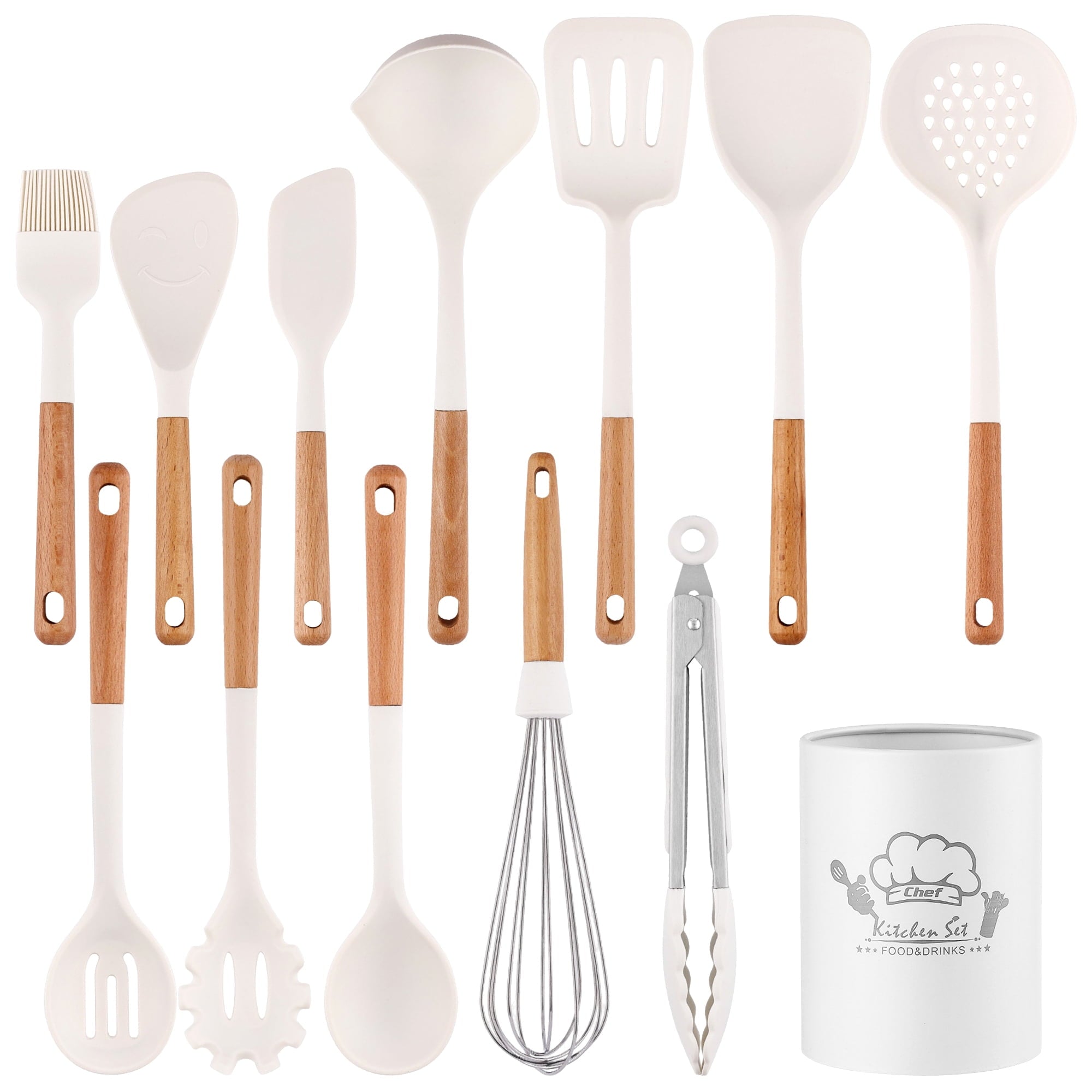 SUGIFT 13 Pcs Silicone Kitchen Utensils Set with Wooden Handles Dishwasher Safe Cream White