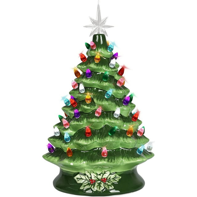 SUGIFT 15in Pre-Lit Hand-Painted Ceramic Tabletop Christmas Tree with 64 Lights - Green