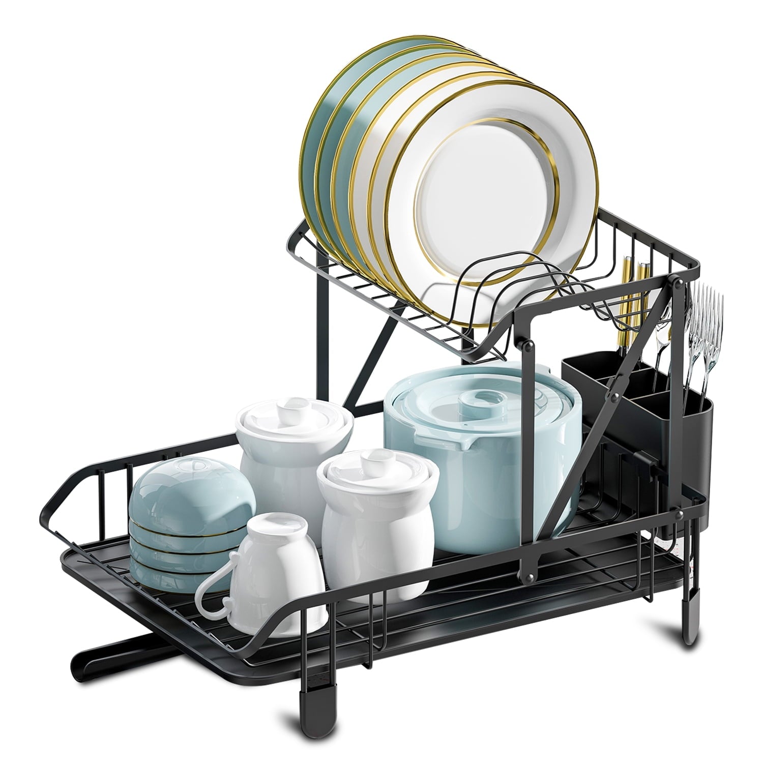 SUGIFT 2 Tier Collapsible Rust Proof Dish Rack with Removable Drip Tray Stainless Steel Black