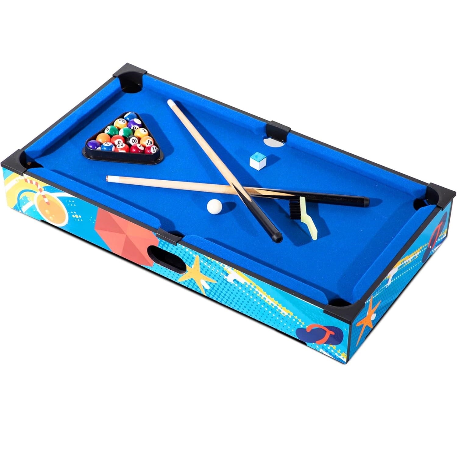 SUGIFT 27in Mini Pool Table Set Tabletop Portable Billiards Game w/Small Billiards Balls Pool Cues Triangle Rack Chalk Brush for Adults Kids Cats Toddlers