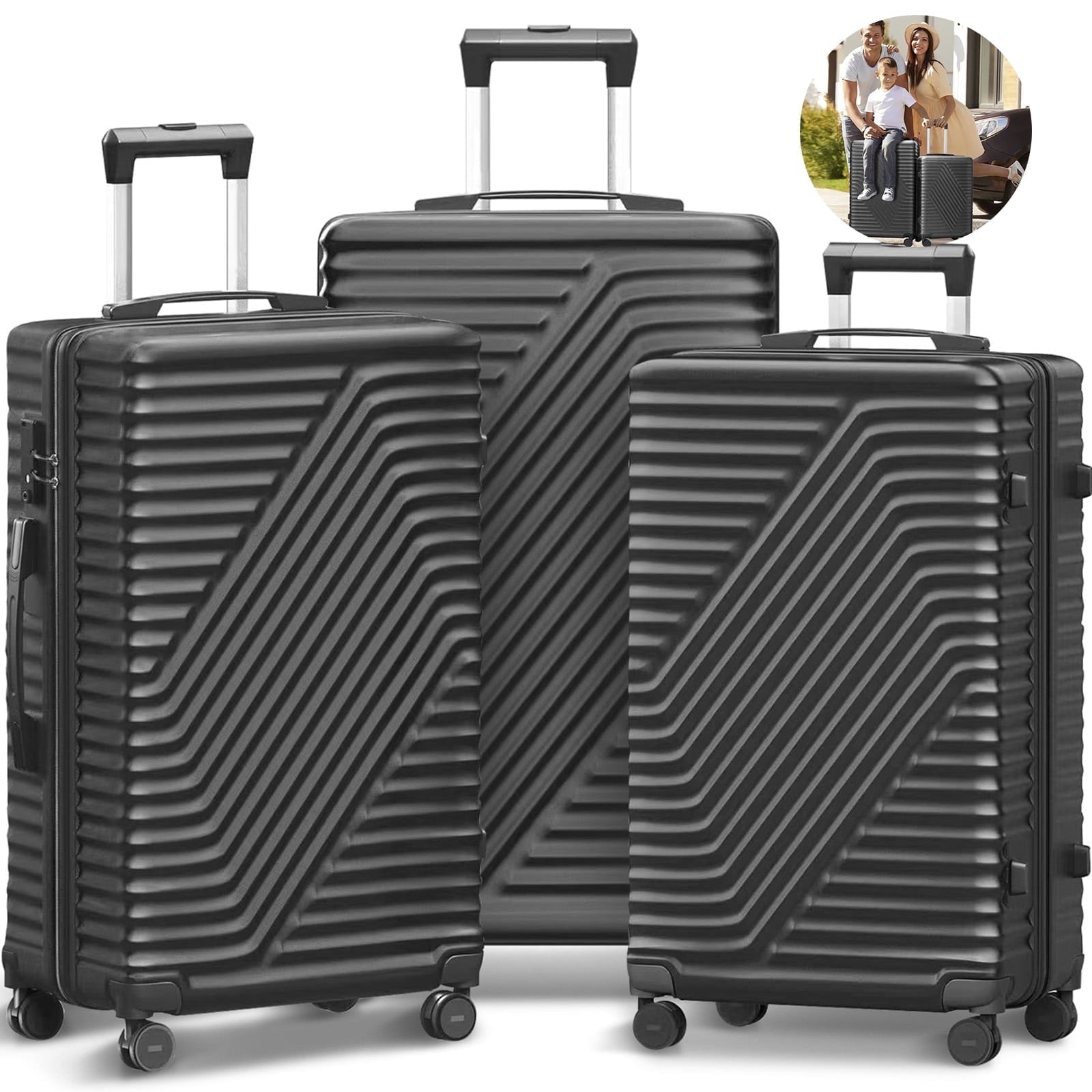 SUGIFT 3 Piece Luggage Sets 20/24/28 inch Suitcase Sets with Spinner Wheels Hardside Luggage Set Dark Black