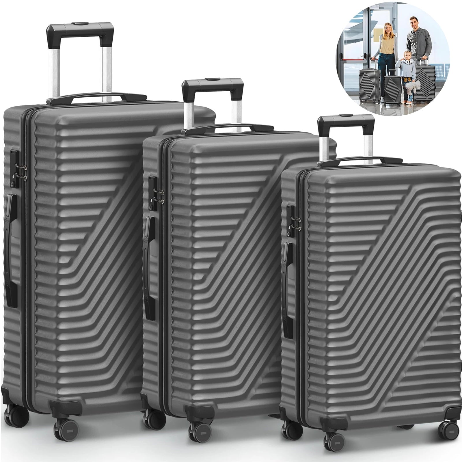 SUGIFT 3 Piece Luggage Sets 20/24/28 inch Suitcase Sets with Spinner Wheels Hardside Luggage Set Deep Gray