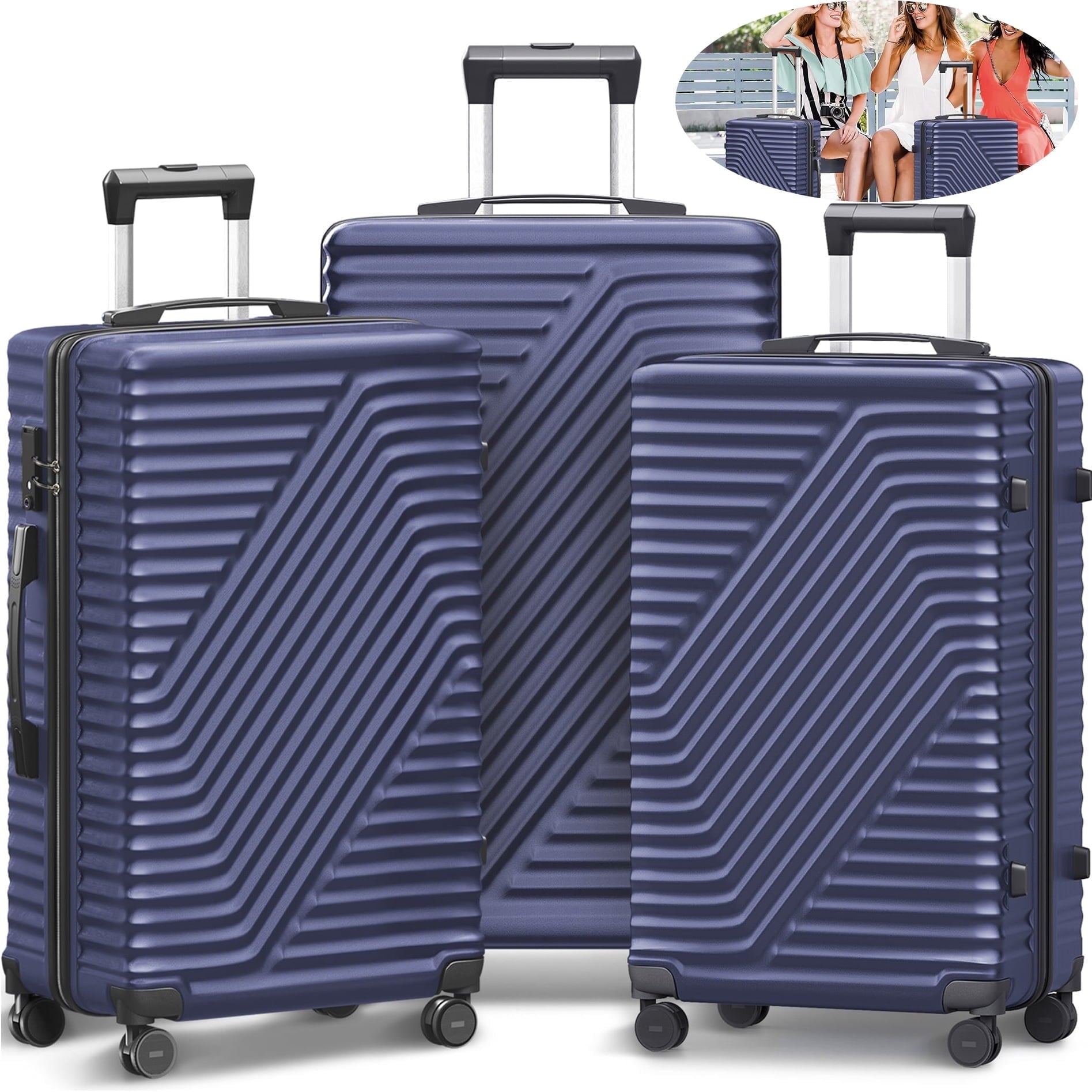 SUGIFT 3 Piece Luggage Sets 20/24/28 inch Suitcase Sets with Spinner Wheels Hardside Luggage Set Navy Blue