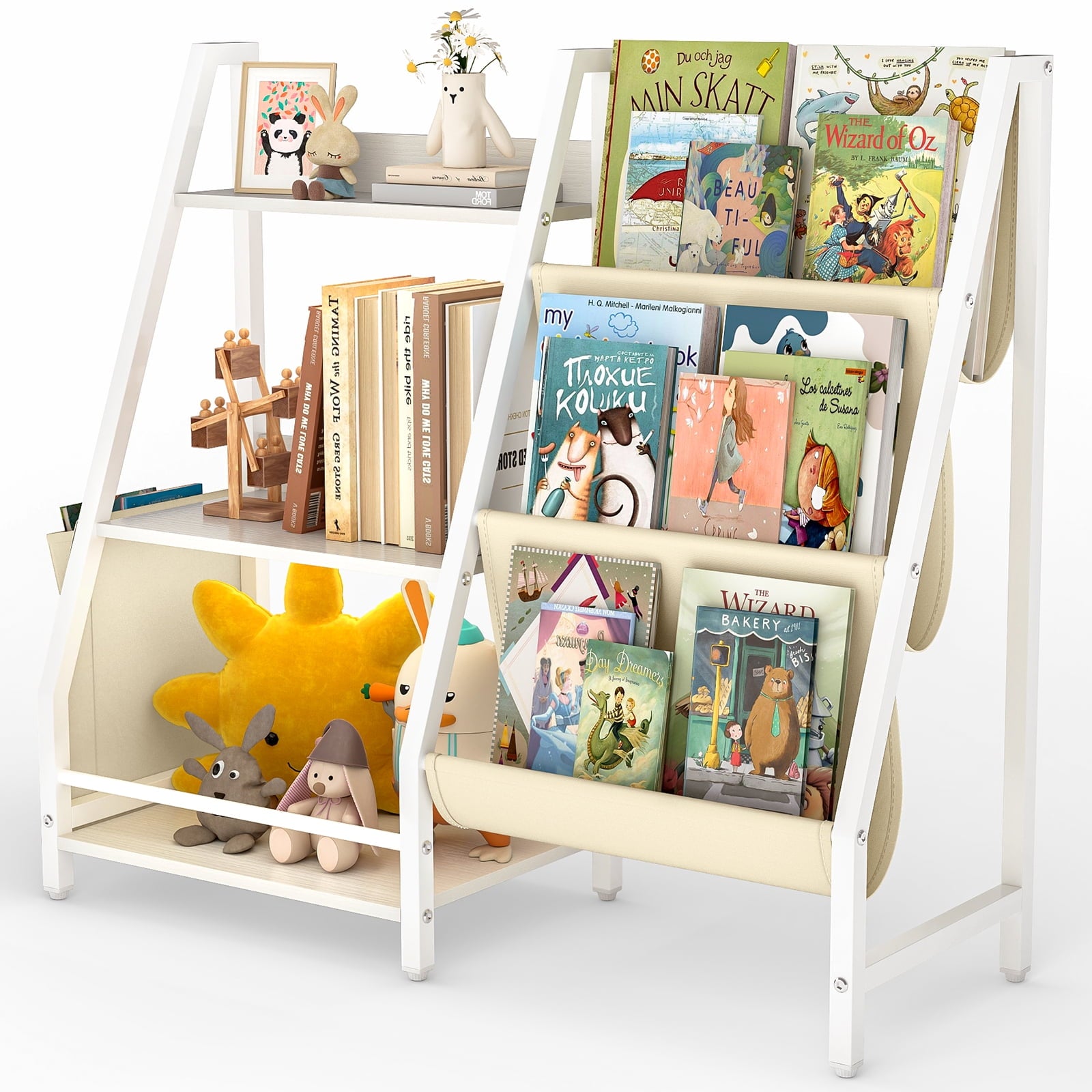 SUGIFT 3 Tier Kids Bookshelf Toy Storage Organizer with Side Pockets B