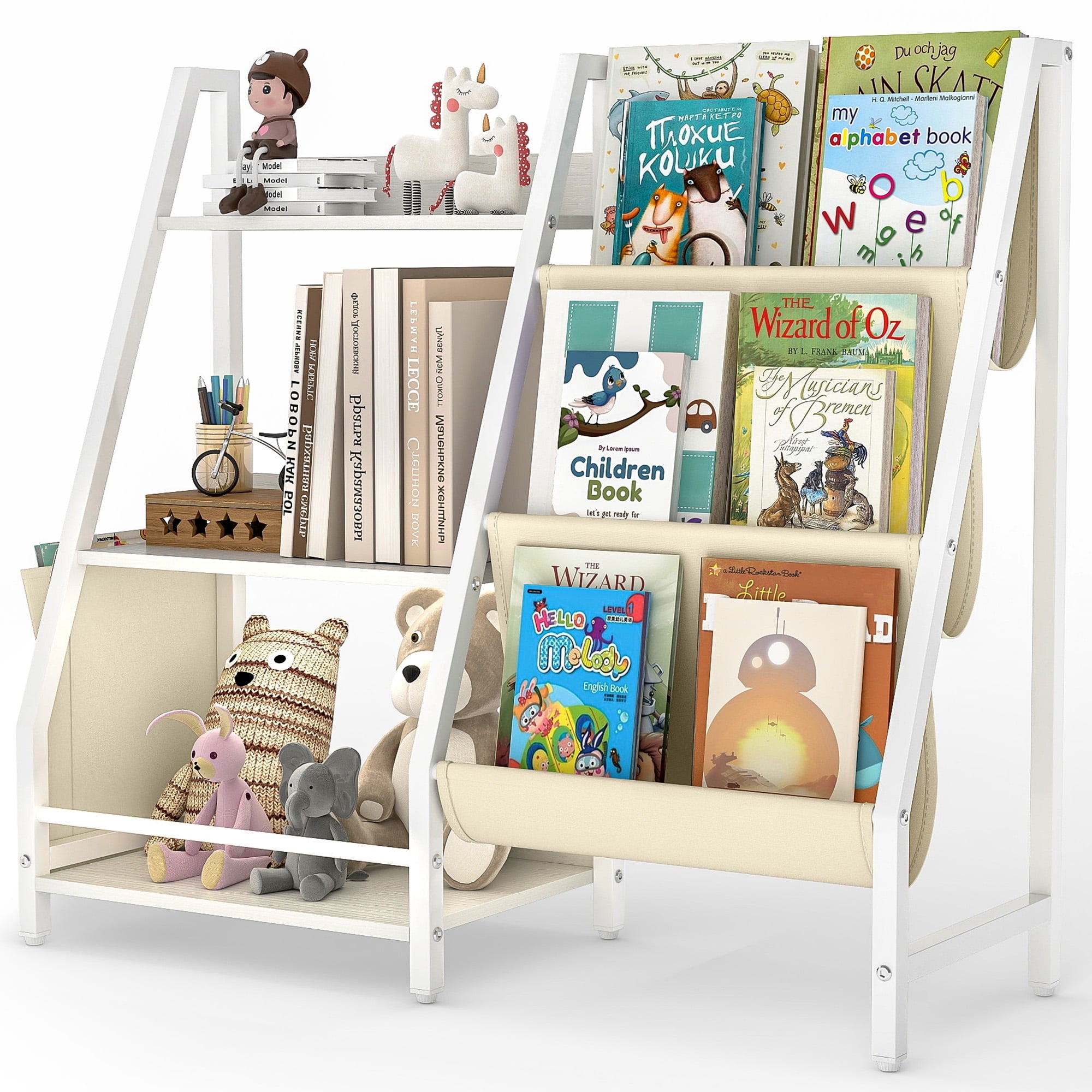 SUGIFT Kids Bookshelf Toy Storage Organizer with Side Pockets 3 Layer Sling Bookcase for Playroom Kids Bedroom Nursery White
