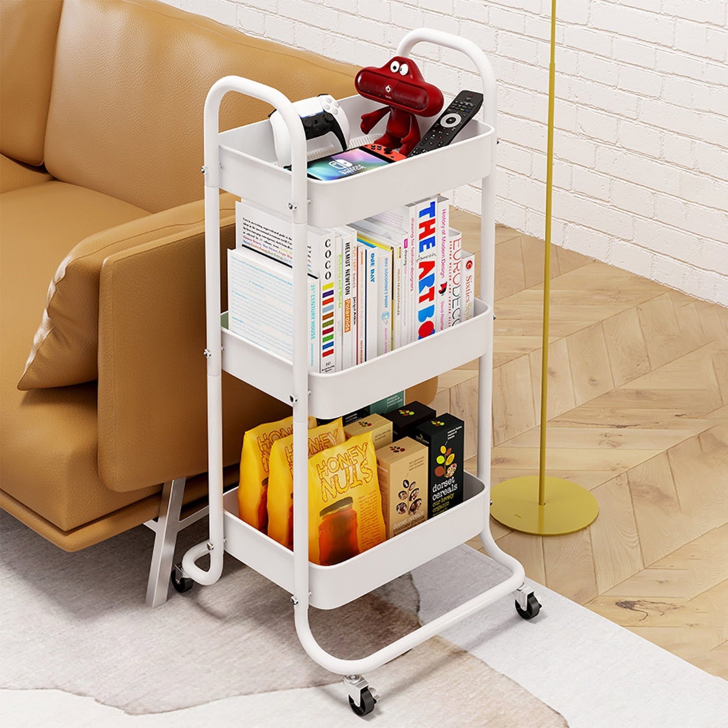 SUGIFT 3 Tier Kitchen Utility Cart with Handle and Lockable Wheels, White