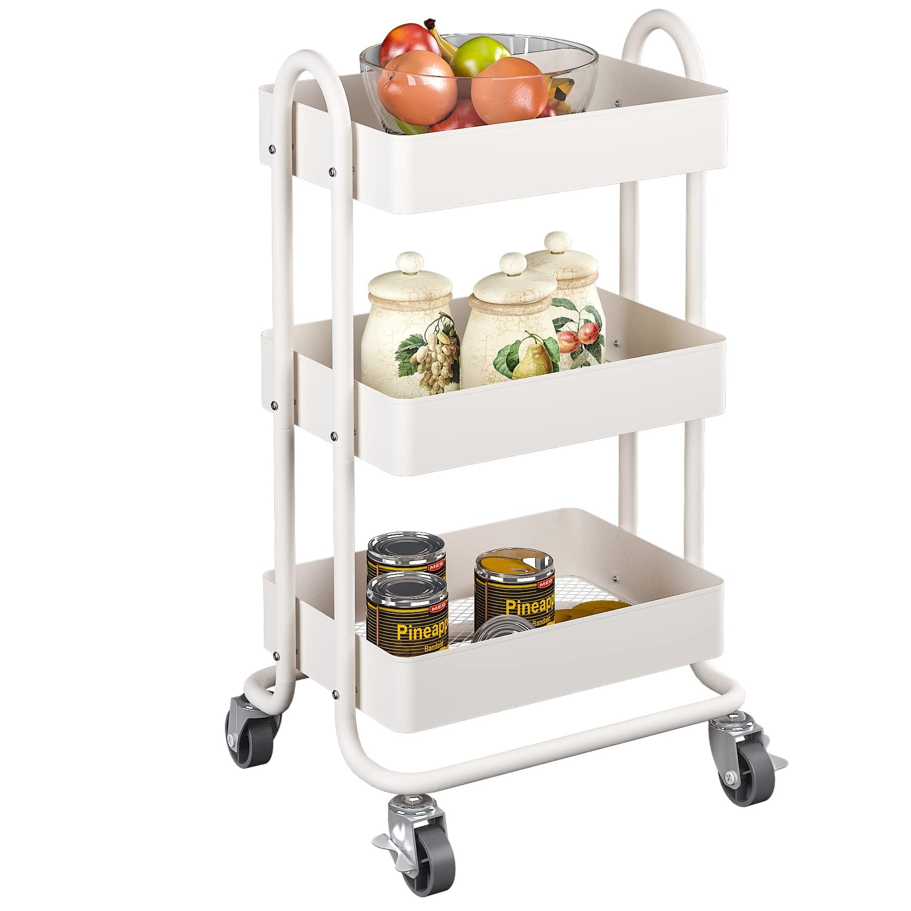 SUGIFT 3 Tier Metal Utiltiy Cart Arctic White, Easy Rolling, Powder Coating, Metal Structure
