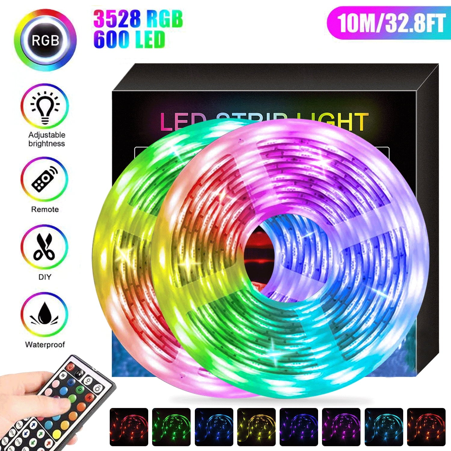 SUGIFT 32.8 ft LED Light Strip RGB LED Light Strip Color Changing 3528 600 LEDs with 44 Keys IR Remote for Home Bedroom Kitchen DIY Decoration