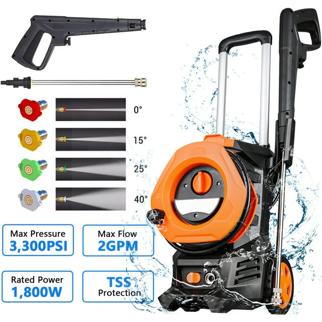 SUGIFT 3300PSI Electric Pressure Washer with 4 Nozzles Foam Cannon and Hose Reel Orange