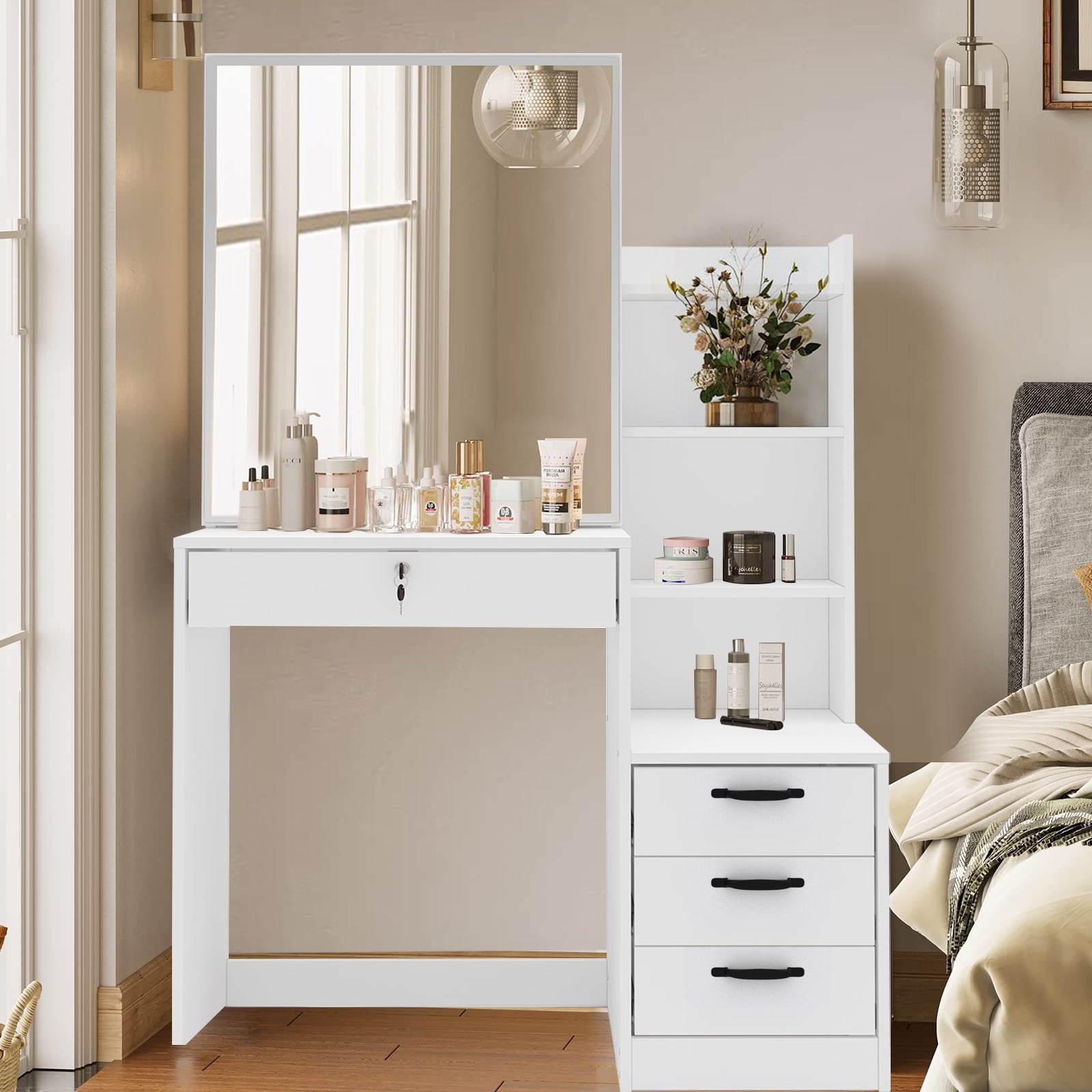 SUGIFT 37 W Vanity Desk Makeup Table with 3 Storage Shelves & Drawers, Dressing Table Makeup Desk, White